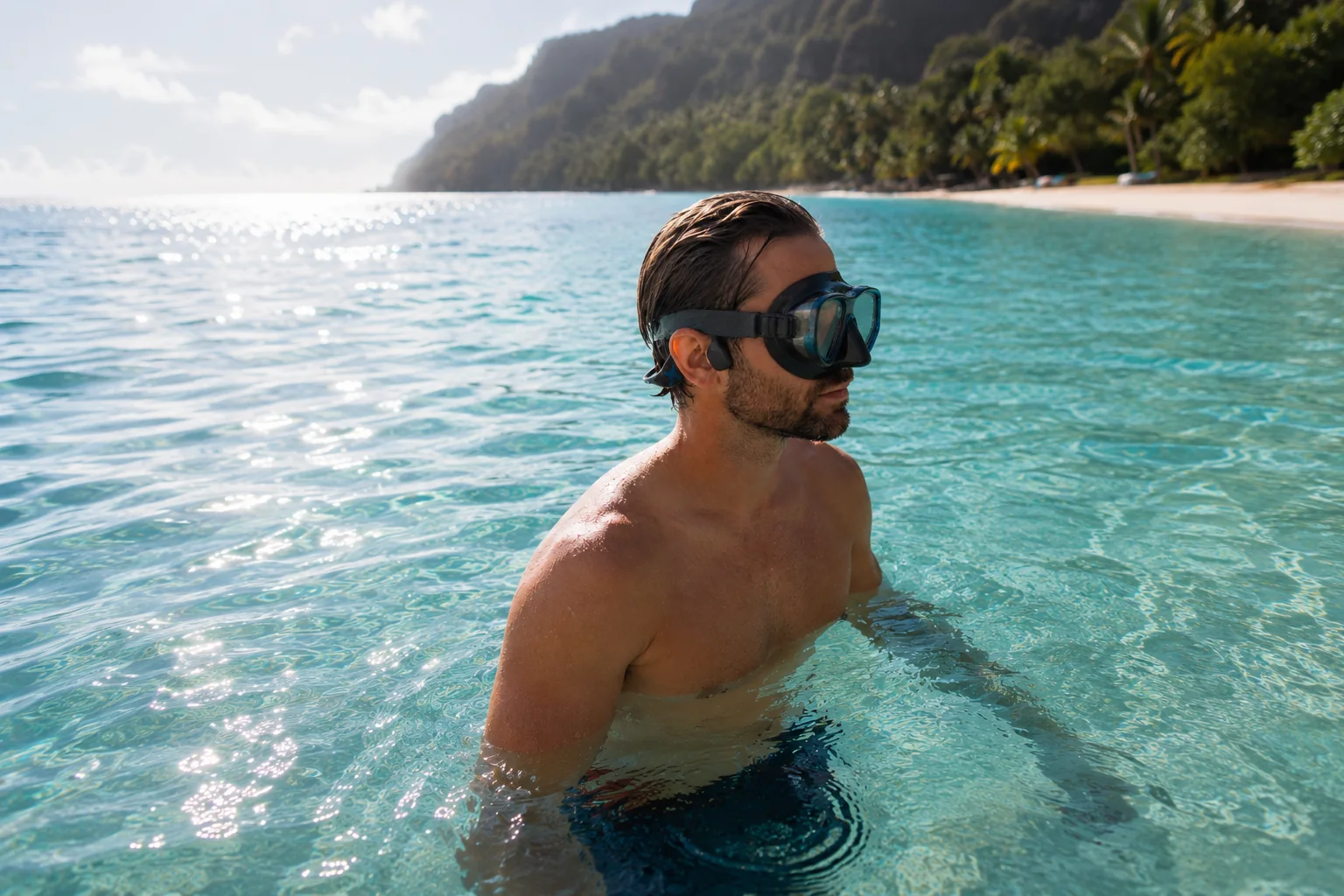 A swimmer in clear Hawaiian water wearing a SubMergence headset